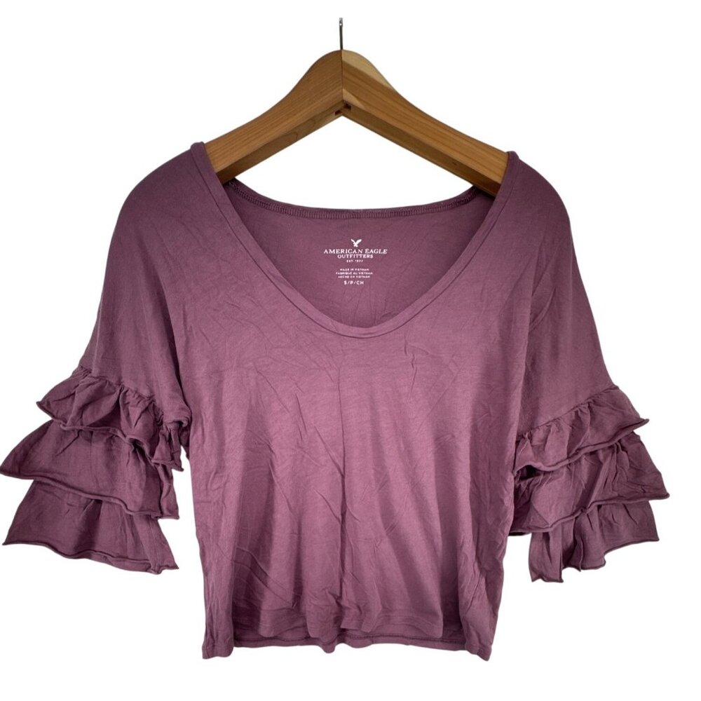 American Eagle Womens Top Sz S Mauve Ruffled Sleeve Stretch Knit V-Neck SoftAF